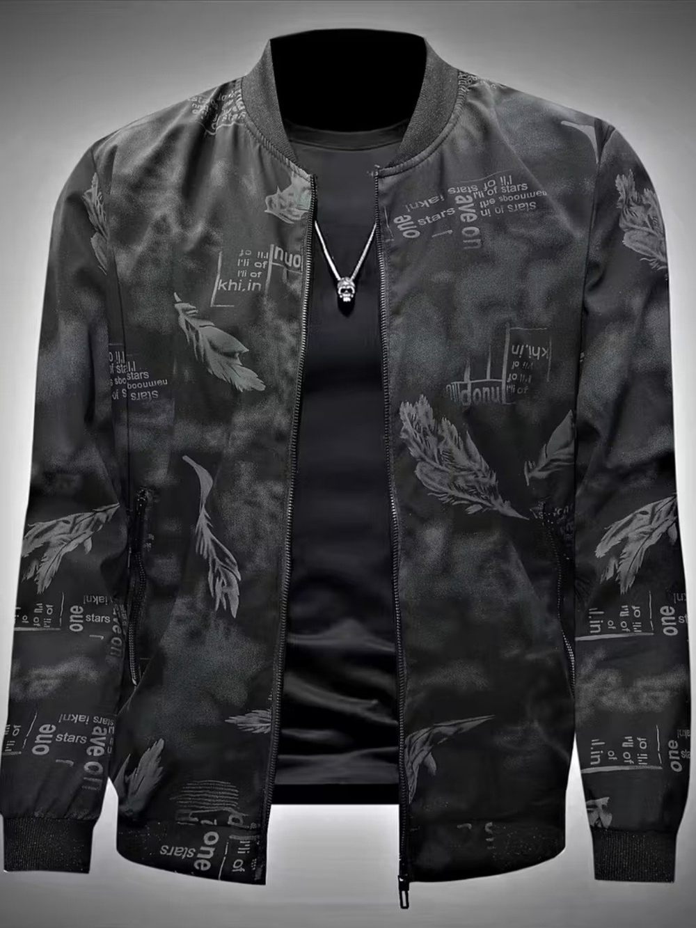 Men's Black Feather-Print Bomber Jacket